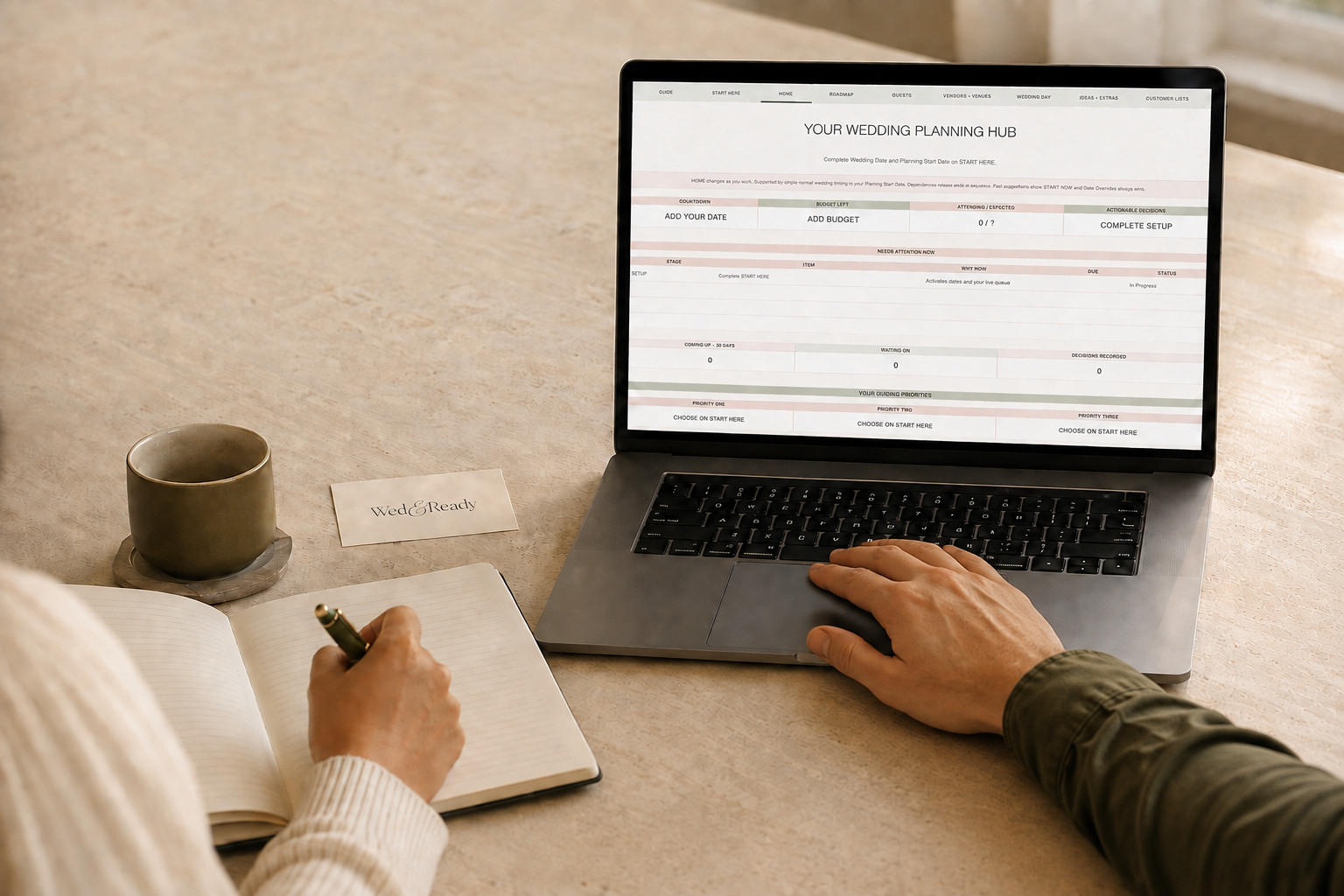 A calm wedding planning workspace with the Decision-First Planner open on a laptop