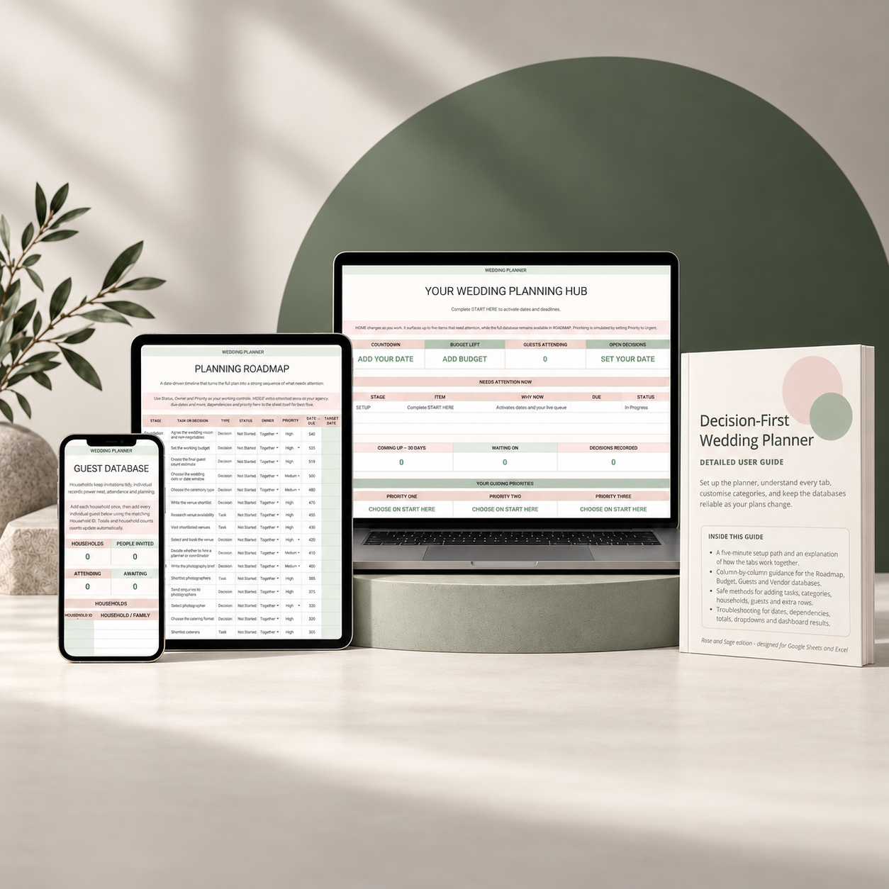 Planner across laptop, tablet and phone with the user guide.