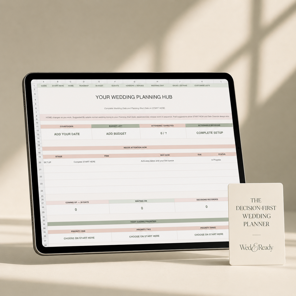 The Decision-First Wedding Planner Home dashboard on a tablet